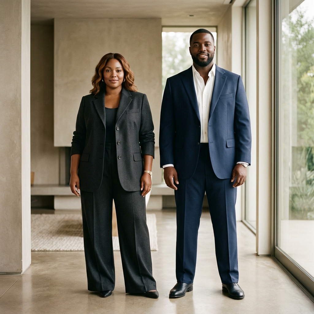 FORMA Plus-Size Woman in Charcoal Suit and Plus-Size Man in Navy Tailored Suit