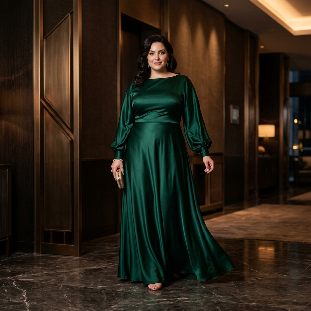 Plus-Size Woman in Emerald Green Heavy Silk Evening Gown