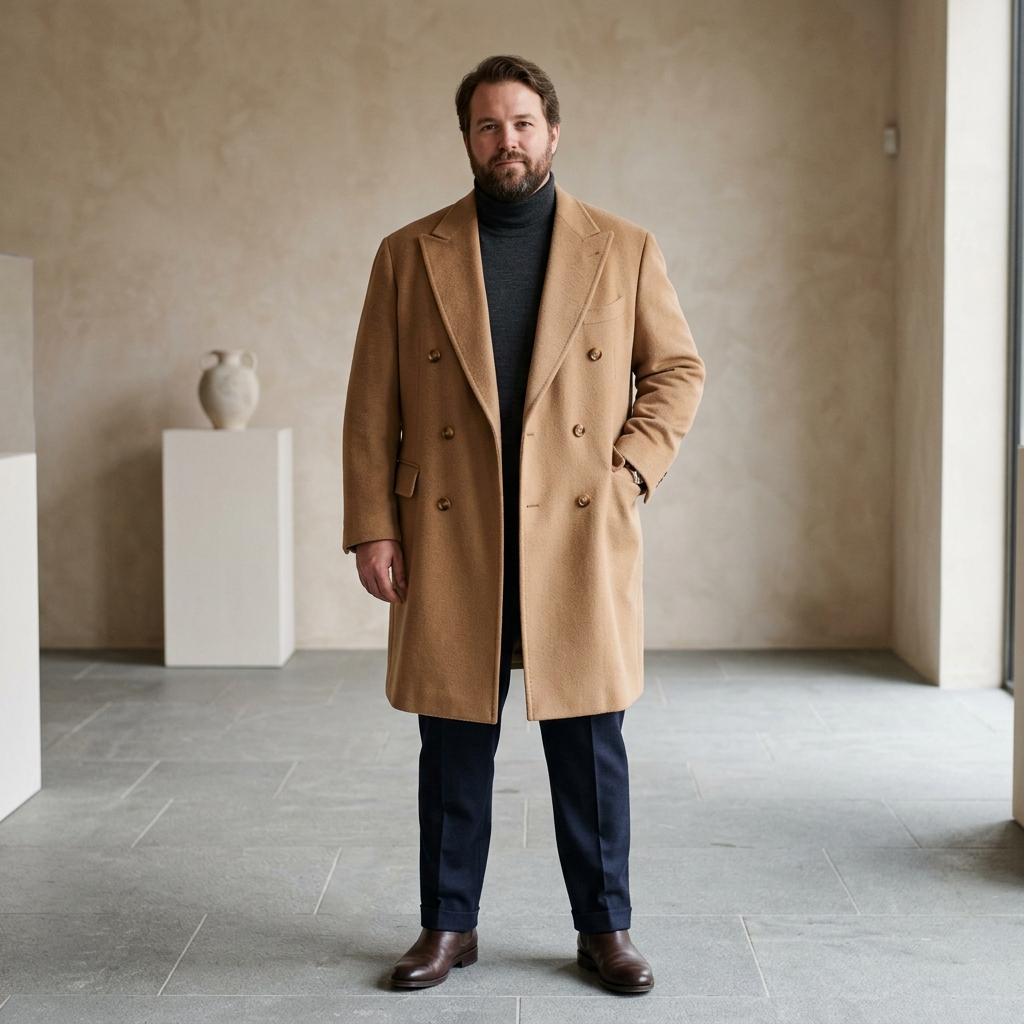 Plus-Size Man in Camel Double-Breasted Cashmere Overcoat