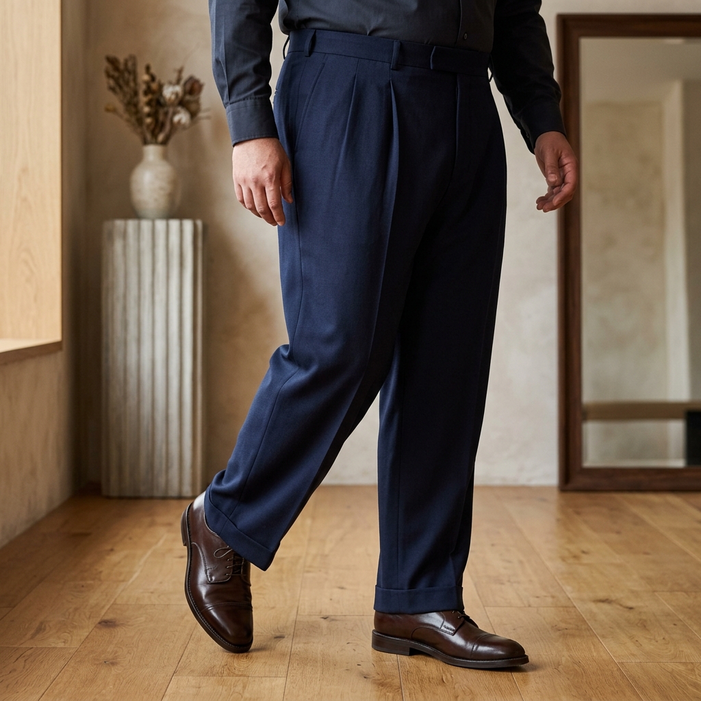 Close-up of Plus-Size Navy Pleated Wide-Leg Wool Trousers