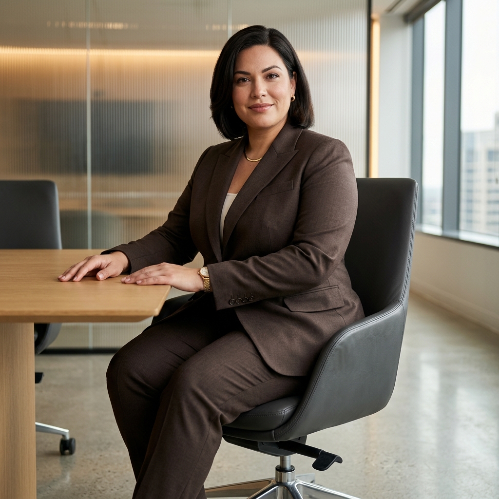 Plus-Size Businesswoman Seated Comfortably in Espresso Wool Blazer