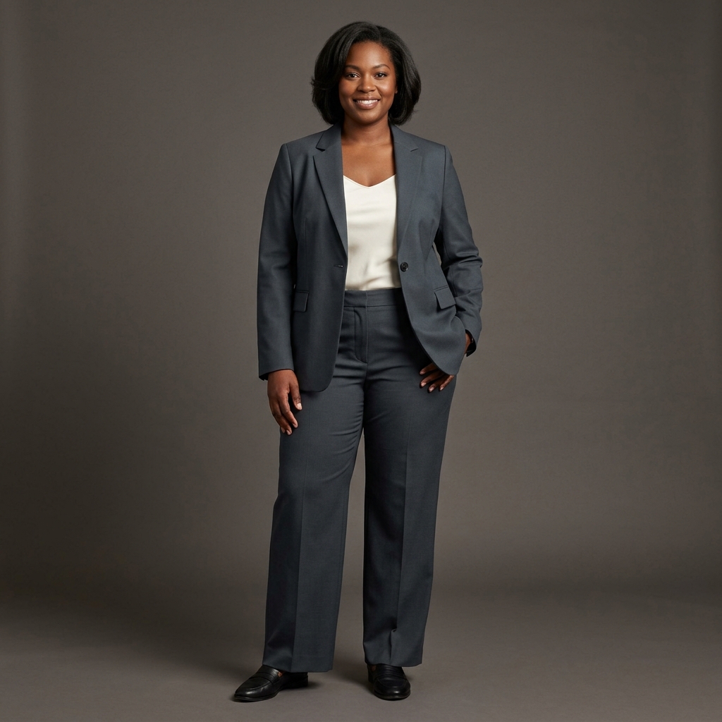 Elena wearing FORMA Size 2 Slate-Gray Tailored Suit