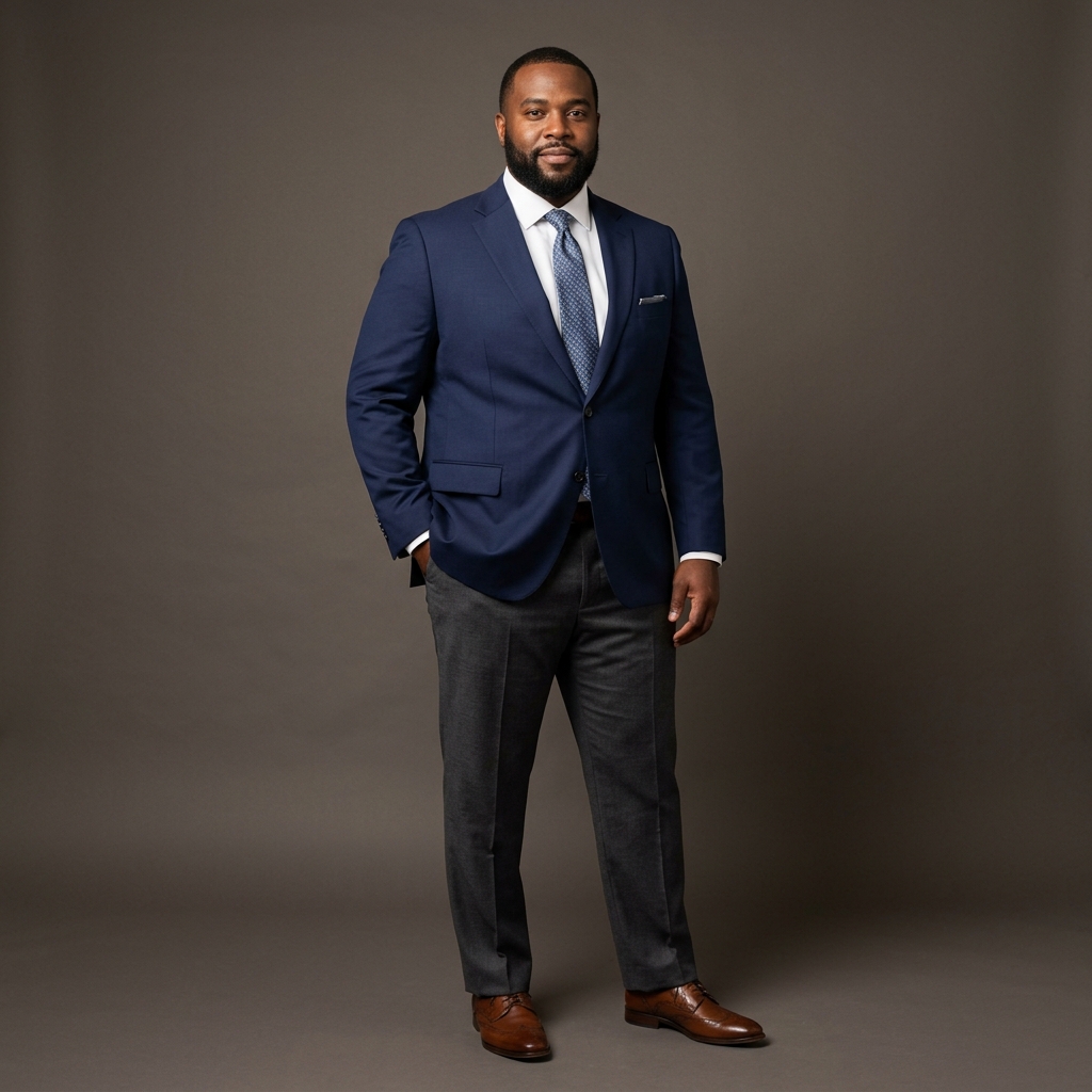 Marcus wearing FORMA US 50R Navy Blazer and Charcoal Trousers