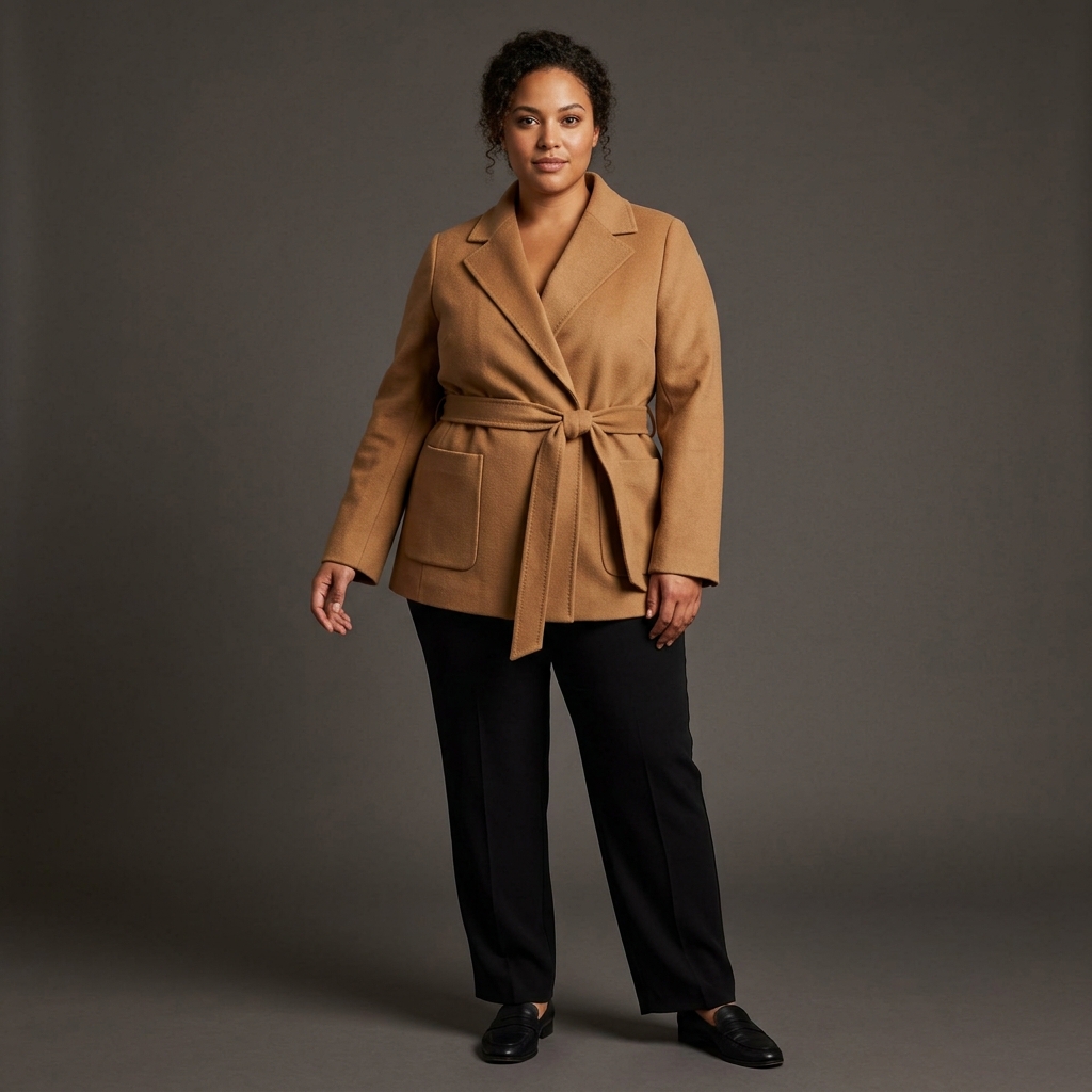 Maya wearing FORMA Size 4 Camel Belted Wrap Jacket and Black Trousers