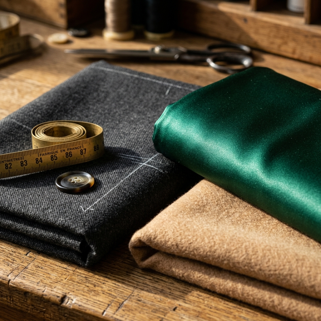 Close-up of FORMA Charcoal Wool, Emerald Silk Satin, Camel Cashmere, and Tailor Tape